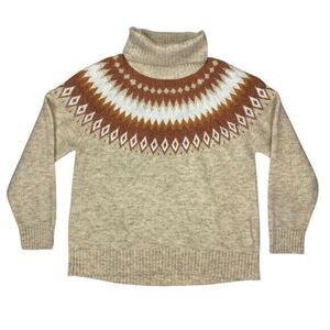 ASPEN Wool Blend Fair Isle Turtleneck Sweater Women XL Brown Ski Winter Pullover